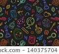 Neon back to school doodle pattern with colorful classroom icons on black background, playful school supply repeat for education, stationery, posters, wrapping paper and kids products. 140375704