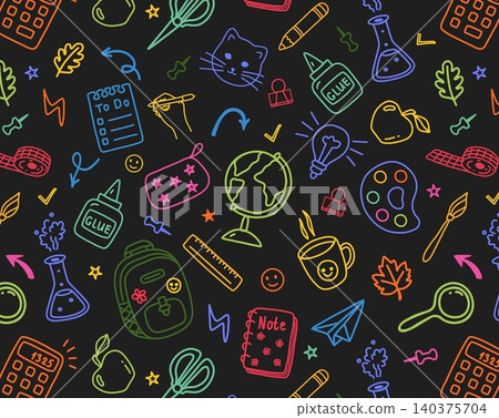 Neon back to school doodle pattern with colorful classroom icons on black background, playful school supply repeat for education, stationery, posters, wrapping paper and kids products. Neon back to school doodle pattern with colorful classroom icons on black background, playful school supply repeat for education, stationery, posters, wrapping paper and kids products. 140375704