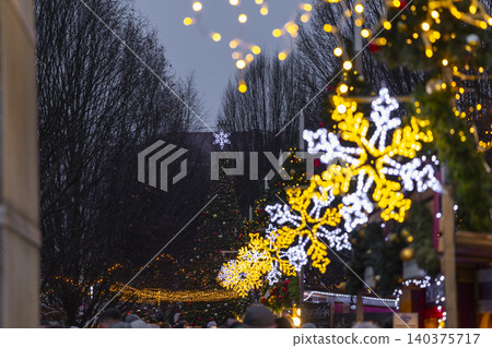 Christmas market lights illuminating Tylovo namesti, Prague Christmas market lights illuminating Tylovo namesti, Prague 140375717