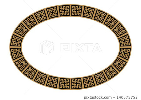 Golden black oval plate frame with pattern in the style of chinese. Oval pattern frame. Vintage ethnic frame with greek pattern. Pattern frame for oval surface, textile, embroidery, ceramic, porcelain Golden black oval plate frame with pattern in the style of chinese. Oval pattern frame. Vintage ethnic frame with greek pattern. Pattern frame for oval surface, textile, embroidery, ceramic, porcelain 140375752