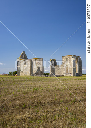 Abbaye des Chateliers ruins standing in a summer field Abbaye des Chateliers ruins standing in a summer field 140375807