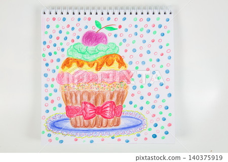 Colorful drawing of a cupcake with cherry on top created during a joyful art session at home 140375919