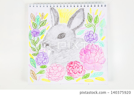 Cute bunny surrounded by colorful flowers in a detailed sketch created during a sunny afternoon Cute bunny surrounded by colorful flowers in a detailed sketch created during a sunny afternoon 140375920