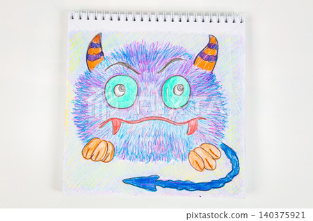 Fluffy purple monster with blue eyes and orange fangs, holding with a blue arrow in a drawing in a creative notebook Fluffy purple monster with blue eyes and orange fangs, holding with a blue arrow in a drawing in a creative notebook 140375921