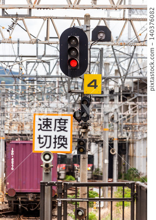 A landscape featuring railway signals, speed limit indicators, and passing trains (vertical composition, compression effect). A landscape featuring railway signals, speed limit indicators, and passing trains (vertical composition, compression effect). 140376082
