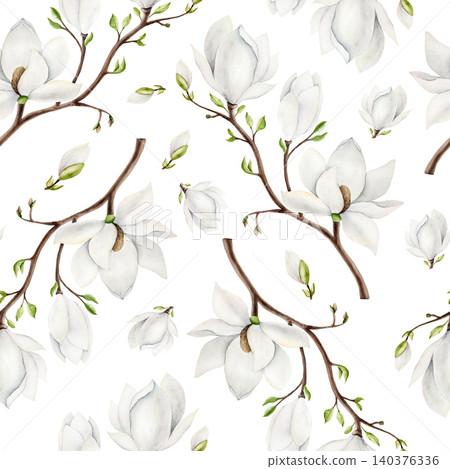 Magnolia branch with white flowers seamless pattern. Watercolor hand drawn spring lush blossom with green buds on a tree illustration isolated on background, transparent png. Botanical and wedding Magnolia branch with white flowers seamless pattern. Watercolor hand drawn spring lush blossom with green buds on a tree illustration isolated on background, transparent png. Botanical and wedding 140376336