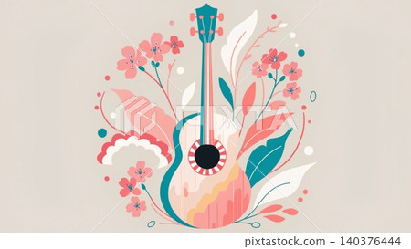 Minimalist flat vector illustration of a beautiful acoustic guitar surrounded by elegant pastel flowers and botanical leaves Minimalist flat vector illustration of a beautiful acoustic guitar surrounded by elegant pastel flowers and botanical leaves 140376444
