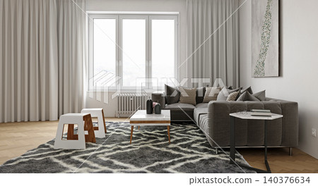 Modern living room interior with a grey sectional sofa and geometric rug. 3D render of a contemporary private apartment with bright natural light, marble coffee table and wood flooring Modern living room interior with a grey sectional sofa and geometric rug. 3D render of a contemporary private apartment with bright natural light, marble coffee table and wood flooring 140376634