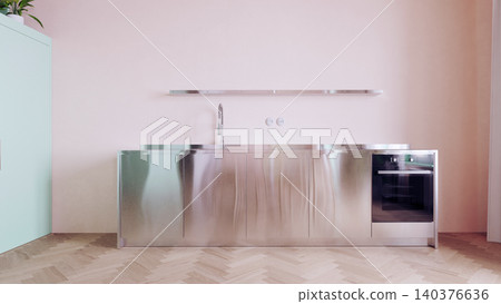 3D render of a modern minimalist kitchen interior. Stainless steel cabinets with sink and oven against a pastel pink wall. Light wood herringbone parquet floor. Copy space for text 140376636