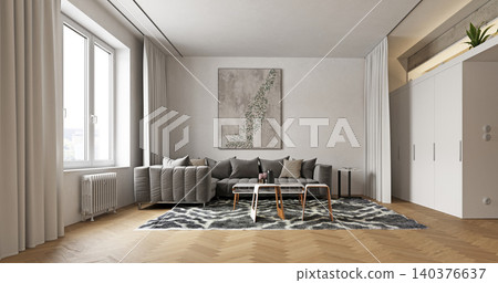 Modern living room interior with a grey sectional sofa and herringbone wood floor. 3D render of a contemporary apartment lounge featuring natural daylight and minimalist decor Modern living room interior with a grey sectional sofa and herringbone wood floor. 3D render of a contemporary apartment lounge featuring natural daylight and minimalist decor 140376637