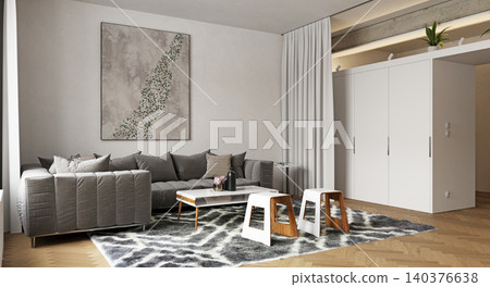 3D render of a modern living room interior. Contemporary apartment design featuring a grey tufted sofa, marble coffee table, and abstract wall art 3D render of a modern living room interior. Contemporary apartment design featuring a grey tufted sofa, marble coffee table, and abstract wall art 140376638