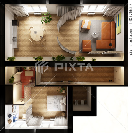 Top view of a modern apartment floor plan. 3D render of a furnished residential interior layout. Overhead architectural visualization with living room, bedroom and bathroom Top view of a modern apartment floor plan. 3D render of a furnished residential interior layout. Overhead architectural visualization with living room, bedroom and bathroom 140376639