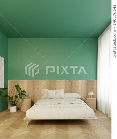 Vertical 3D rendering of a modern minimalist bedroom. Green walls and ceiling with light wood slatted headboard and platform bed. Copy space for text 140376642