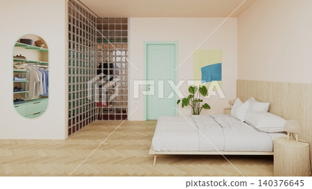 3D render of a modern minimalist bedroom interior. Pastel color palette with mint green door and glass block wall. Contemporary home design with herringbone wood floor and walk-in closet reflection 3D render of a modern minimalist bedroom interior. Pastel color palette with mint green door and glass block wall. Contemporary home design with herringbone wood floor and walk-in closet reflection 140376645