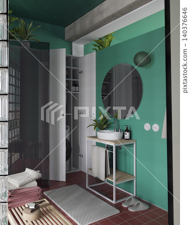 Modern green bathroom interior with vessel sink and round mirror. Built-in closet with washing machine and storage shelves. 3D render of contemporary residential architecture Modern green bathroom interior with vessel sink and round mirror. Built-in closet with washing machine and storage shelves. 3D render of contemporary residential architecture 140376646