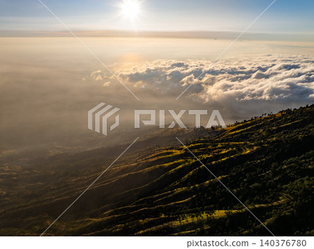 Aerial view of rock cliff at Kawah Ijen volcano with turquoise sulfur water lake at sunrise.Amazing nature landscape view at East Java, Indonesia. Natural landscape background Aerial view of rock cliff at Kawah Ijen volcano with turquoise sulfur water lake at sunrise.Amazing nature landscape view at East Java, Indonesia. Natural landscape background 140376780