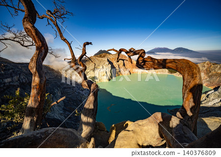 Aerial view of rock cliff at Kawah Ijen volcano with turquoise sulfur water lake at sunrise.Amazing nature landscape view at East Java, Indonesia. Natural landscape background Aerial view of rock cliff at Kawah Ijen volcano with turquoise sulfur water lake at sunrise.Amazing nature landscape view at East Java, Indonesia. Natural landscape background 140376809