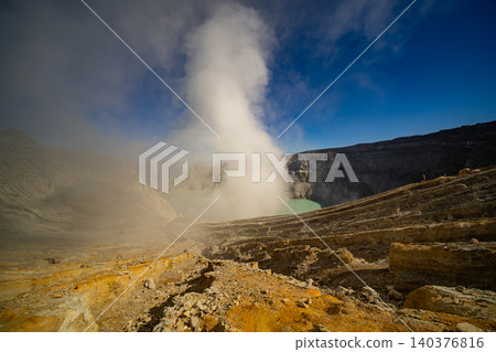Aerial view of rock cliff at Kawah Ijen volcano with turquoise sulfur water lake at sunrise.Amazing nature landscape view at East Java, Indonesia. Natural landscape background 140376816