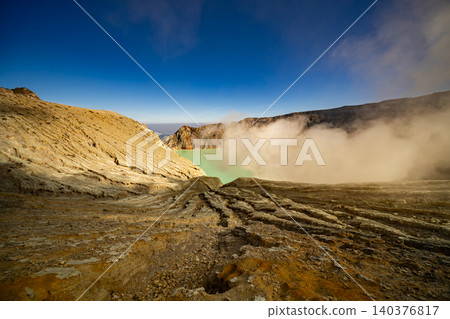 Aerial view of rock cliff at Kawah Ijen volcano with turquoise sulfur water lake at sunrise.Amazing nature landscape view at East Java, Indonesia. Natural landscape background Aerial view of rock cliff at Kawah Ijen volcano with turquoise sulfur water lake at sunrise.Amazing nature landscape view at East Java, Indonesia. Natural landscape background 140376817