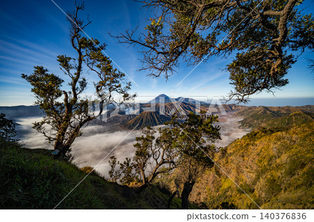 Amazing Mount Bromo volcano during sunrise from king kong viewpoint on Mountain Penanjakan in Bromo Tengger Semeru National Park,East Java,Indonesia.Nature landscape background Amazing Mount Bromo volcano during sunrise from king kong viewpoint on Mountain Penanjakan in Bromo Tengger Semeru National Park,East Java,Indonesia.Nature landscape background 140376836