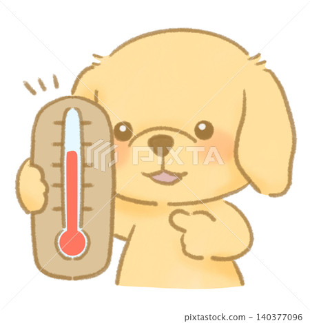 A dog points to a thermometer to warn the owner; the temperature is just right. (Picture book style hand-drawn illustration) A dog points to a thermometer to warn the owner; the temperature is just right. (Picture book style hand-drawn illustration) 140377096