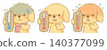 A dog holding a thermometer, showing three signs: hot, comfortable, and cold. (Picture book style, hand-drawn illustrations) 140377099