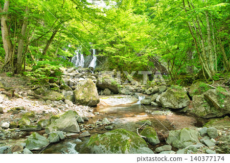 Shikamata River and Roaring Thunder Waterfall, Nasushiobara City, Tochigi Prefecture 140377174