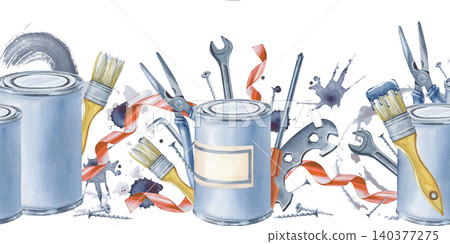 Watercolor renovation tools seamless horizontal border with hand-drawn paint cans and hardware instruments on isolated background Watercolor renovation tools seamless horizontal border with hand-drawn paint cans and hardware instruments on isolated background 140377275