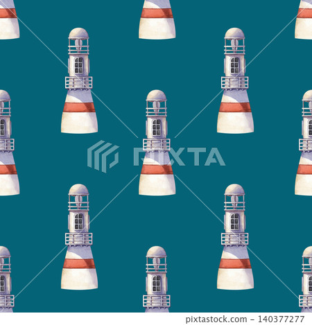 Watercolor seamless pattern with hand-drawn lighthouses on a dark turquoise background. For kids textile print, ocean themed wallpaper, summer apparel, and wrapping paper. Watercolor seamless pattern with hand-drawn lighthouses on a dark turquoise background. For kids textile print, ocean themed wallpaper, summer apparel, and wrapping paper. 140377277