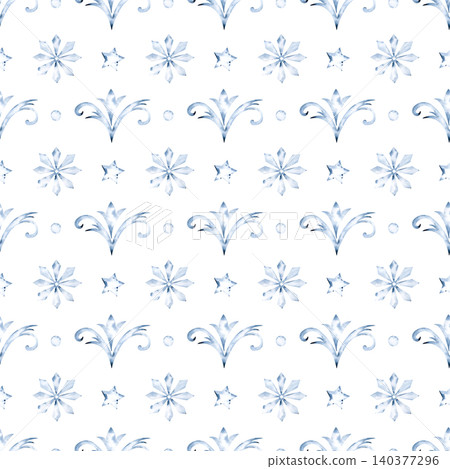 Watercolor seamless pattern with frost ornaments, vintage damask curls, ice stars, and snowflakes in blue shades. Winter holiday surface design on a isolated background, perfect for Christmas wrapping Watercolor seamless pattern with frost ornaments, vintage damask curls, ice stars, and snowflakes in blue shades. Winter holiday surface design on a isolated background, perfect for Christmas wrapping 140377296