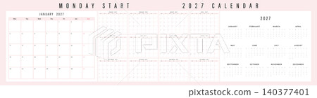 Set of 12 Pages 2027 Monthly Calendar Planner Templates with Monday Start, Minimal Pink Grid Layout, Annual Overview, Printable Vector Wall and Desk Calendar Set of 12 Pages 2027 Monthly Calendar Planner Templates with Monday Start, Minimal Pink Grid Layout, Annual Overview, Printable Vector Wall and Desk Calendar 140377401