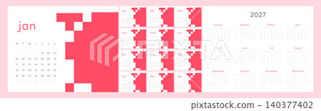 2027 Monthly Calendar Template Set with Monday Start, Modern Pink Pixel Style Design, Minimal Printable Planner Pages and Annual Overview 2027 Monthly Calendar Template Set with Monday Start, Modern Pink Pixel Style Design, Minimal Printable Planner Pages and Annual Overview 140377402