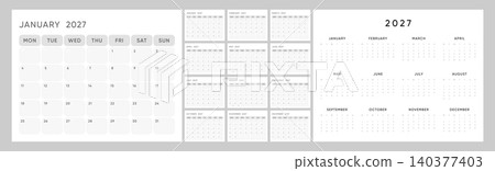 2027 Monthly Calendar Template Set with Monday Start, Clean Gray Minimal Planner Layout, Rounded Grid Pages and Annual Overview 2027 Monthly Calendar Template Set with Monday Start, Clean Gray Minimal Planner Layout, Rounded Grid Pages and Annual Overview 140377403