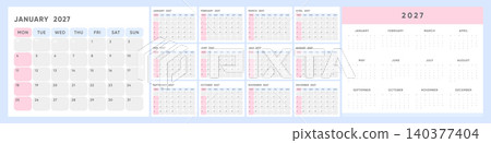 2027 Monthly Calendar Template Set with Monday Start, Soft Blue and Pink Planner Layout, Clean Rounded Grid Pages and Annual Overview 2027 Monthly Calendar Template Set with Monday Start, Soft Blue and Pink Planner Layout, Clean Rounded Grid Pages and Annual Overview 140377404