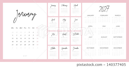 2027 Monthly Calendar Template Set with Monday Start, Elegant Handwritten Script Design, Minimal Printable Planner Pages and Annual Overview 2027 Monthly Calendar Template Set with Monday Start, Elegant Handwritten Script Design, Minimal Printable Planner Pages and Annual Overview 140377405