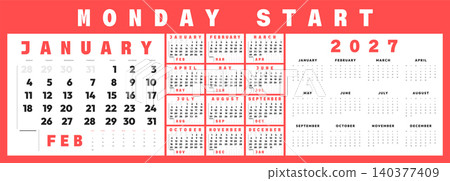 2027 Monthly Calendar Template Set with Monday Start, Bold Red Modern Planner Layout, Large Typography Pages and Annual Overview 2027 Monthly Calendar Template Set with Monday Start, Bold Red Modern Planner Layout, Large Typography Pages and Annual Overview 140377409