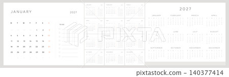 2027 Monthly Calendar Planner Template Set with Monday Start, Soft Gray Minimal Layout, To Do List Pages and Annual Overview 2027 Monthly Calendar Planner Template Set with Monday Start, Soft Gray Minimal Layout, To Do List Pages and Annual Overview 140377414