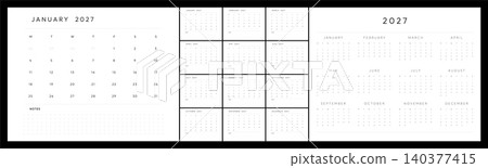 2027 Monthly Calendar Template Set with Monday Start, Minimal Black and White Planner Layout with Notes and Annual Overview 2027 Monthly Calendar Template Set with Monday Start, Minimal Black and White Planner Layout with Notes and Annual Overview 140377415