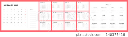 2027 Monthly Calendar Planner Template Set with Monday Start, Coral Minimal Layout with Notes Section, Printable Pages and Annual Overview 2027 Monthly Calendar Planner Template Set with Monday Start, Coral Minimal Layout with Notes Section, Printable Pages and Annual Overview 140377416