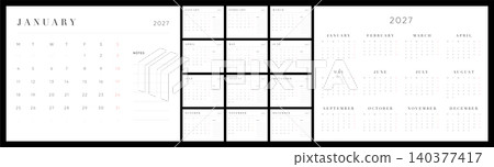 2027 Monthly Calendar Planner Template Set with Monday Start, Elegant Black Minimal Layout with Notes, Serif Typography and Annual Overview 140377417