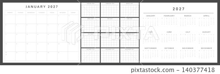 2027 Monthly Calendar Template Set with Monday Start, Clean Gray Grid Layout, Minimal Printable Planner Pages and Annual Overview 2027 Monthly Calendar Template Set with Monday Start, Clean Gray Grid Layout, Minimal Printable Planner Pages and Annual Overview 140377418