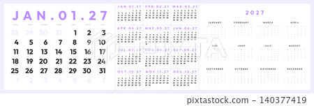 2027 Monthly Calendar Template Set with Monday Start, Bold Purple Modern Layout, Large Number Planner Pages and Annual Overview 2027 Monthly Calendar Template Set with Monday Start, Bold Purple Modern Layout, Large Number Planner Pages and Annual Overview 140377419
