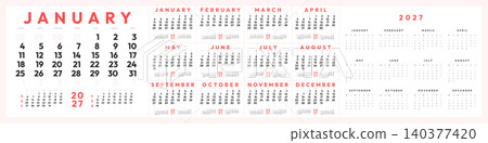 2027 Monthly Calendar Template Set with Monday Start, Bold Red Typography Layout, Modern Printable Planner Pages and Annual Overview 2027 Monthly Calendar Template Set with Monday Start, Bold Red Typography Layout, Modern Printable Planner Pages and Annual Overview 140377420