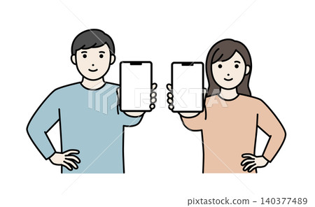 A man and a woman showing each other their smartphone screens. 140377489