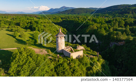 Aerial View Dreznik Village Fields Near Plitvice Lakes Croatia Aerial View Dreznik Village Fields Near Plitvice Lakes Croatia 140377564