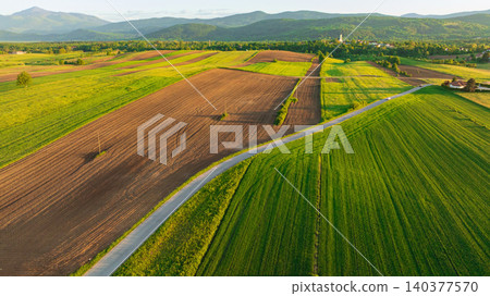 Aerial View Dreznik Village Fields Near Plitvice Lakes Croatia Aerial View Dreznik Village Fields Near Plitvice Lakes Croatia 140377570