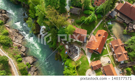 Rastoke Slunj Aerial View Waterfalls Historic Mill Village Croatia 140377571