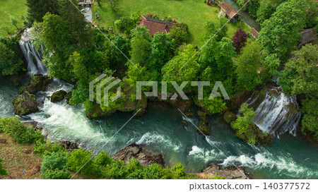 Rastoke Slunj Aerial View Waterfalls Historic Mill Village Croatia Rastoke Slunj Aerial View Waterfalls Historic Mill Village Croatia 140377572