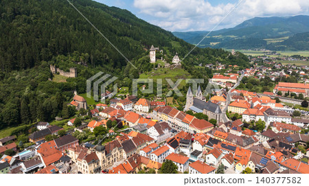 Historic Friesach viewed from drone in summer time Historic Friesach viewed from drone in summer time 140377582