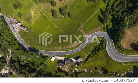 Aerial View Winding Alpine Road Green Valley Austria Village Aerial View Winding Alpine Road Green Valley Austria Village 140377587